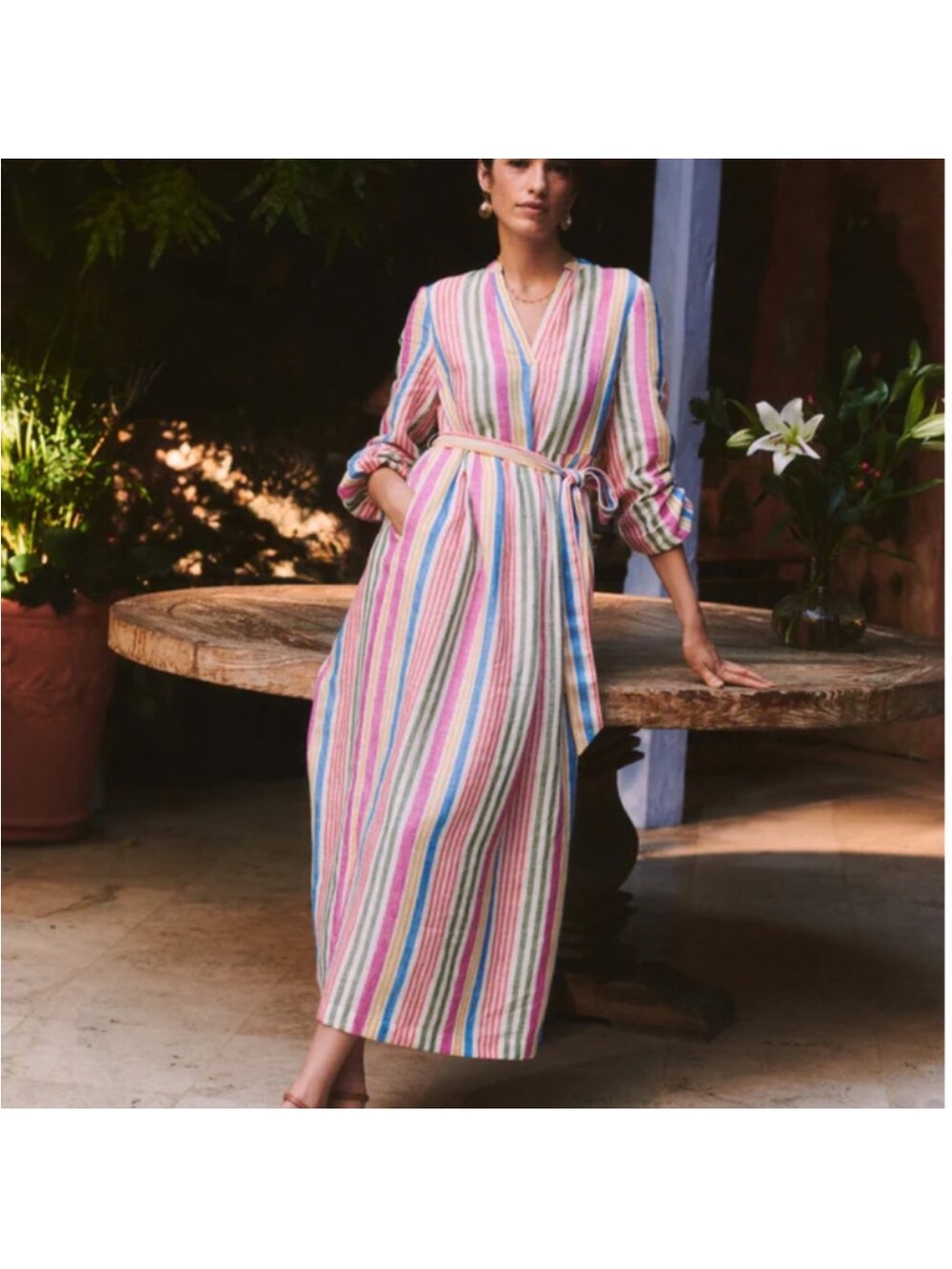 Boden Linen Maxi Notch Neck Dress size 10 Multicolor Vertical-Stripe